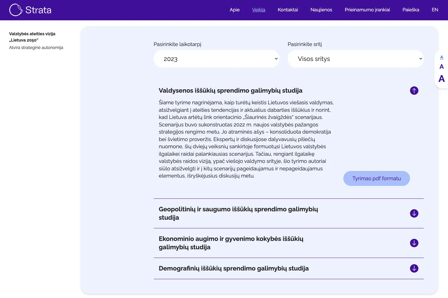 „Strata“ svetainės tyrimų puslapis su 2023 metų studijų sąrašu, įskaitant viešojo valdymo, geopolitikos ir ekonomikos analizę.